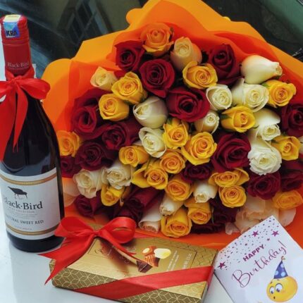 SWEET RED WINE,ASSORTED CHOCOLATES BOX & COLORFUL ROSES COMBO