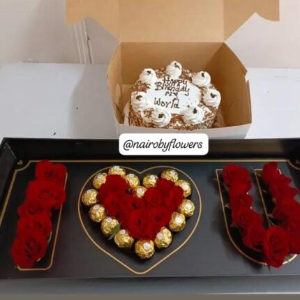 I LOVE YOU BOX WITH RED & FERRERO CHOCOLATES & CAKE