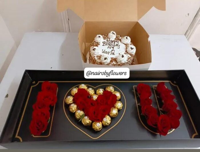 I LOVE YOU BOX WITH RED & FERRERO CHOCOLATES & CAKE