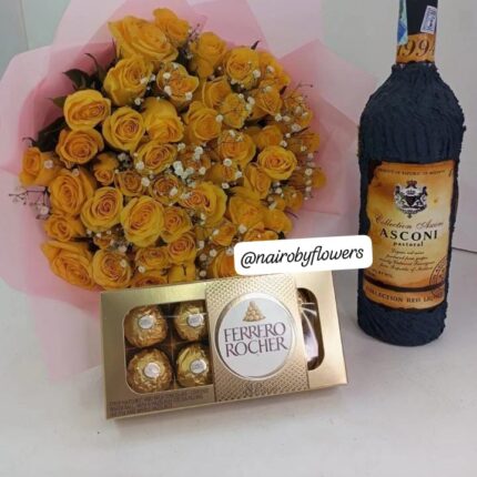 ASCONI SWEET RED WINE, FERRERO CHOCOLATES & YELLOW ROSES