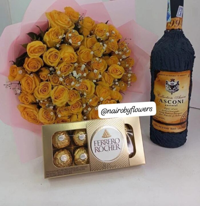ASCONI SWEET RED WINE, FERRERO CHOCOLATES & YELLOW ROSES