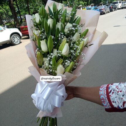GENTLY LOVEABLE LILIES & ROSES BOUQUET