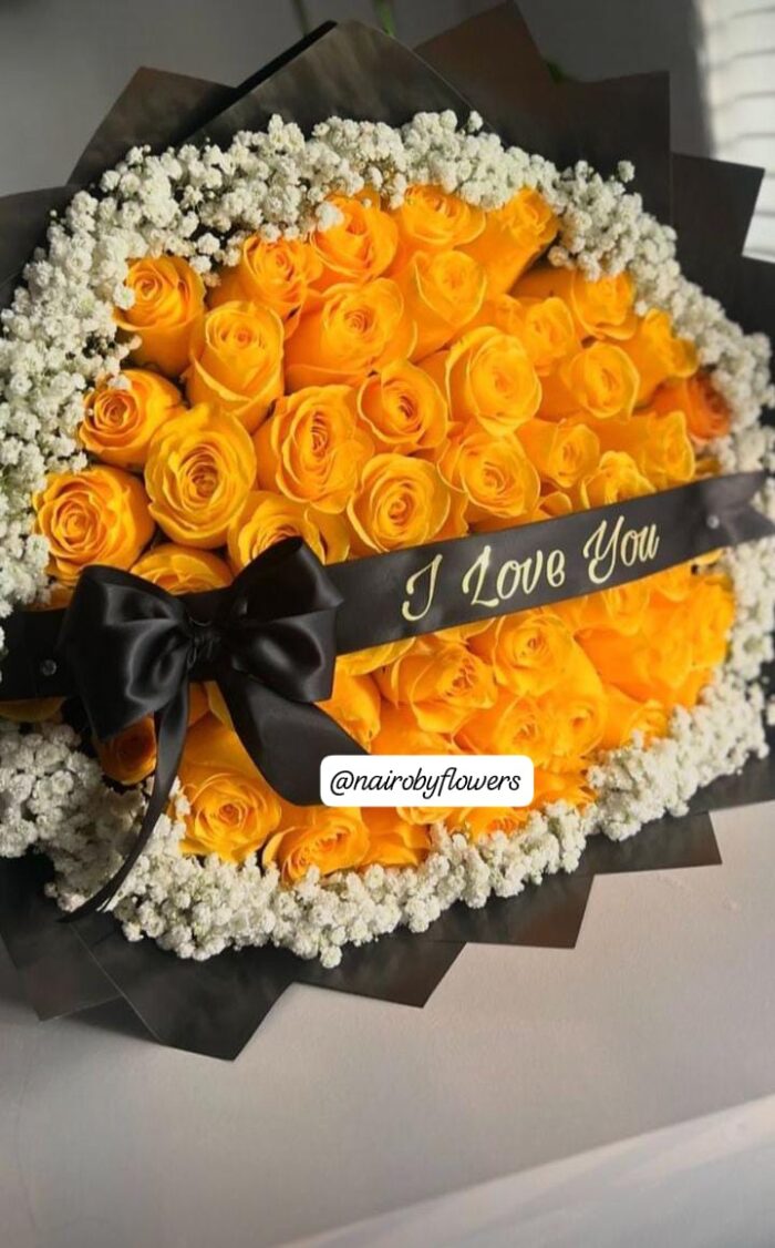 CUSTOMIZED RIBBON & YELLOW ROSES WITH BABY BREATH RIM BOUQUET