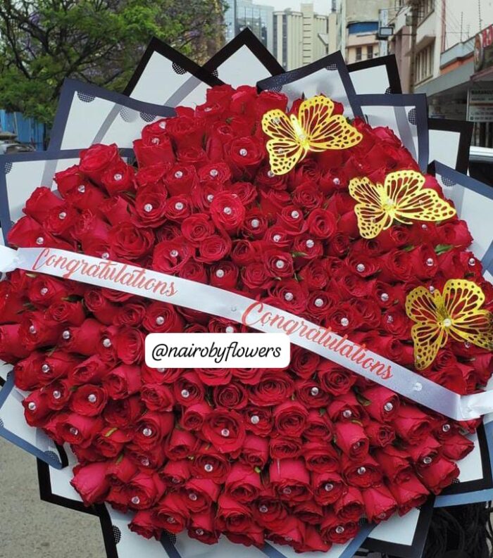150 ROSES WITH DIAMONDS & BUTTERFLY DECOR & CUSTOMIZED RIBBON,