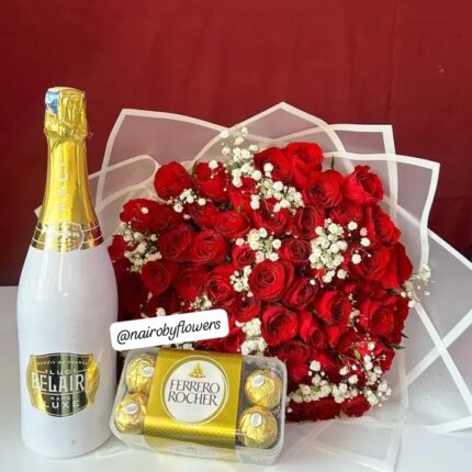 BELAIRE CHAMPAGNE,RED ROSES & FERRERO CHOCOLATES