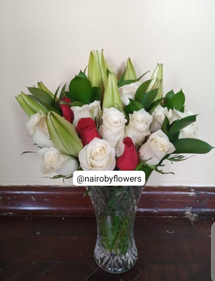 VASE OF LILIES & ROSES