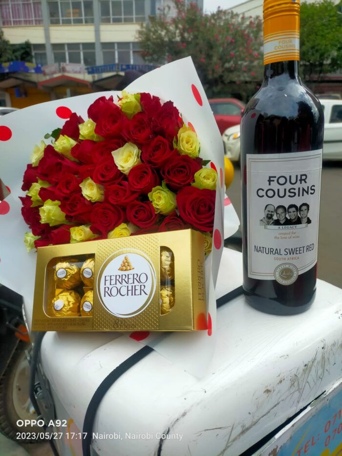 60 ROSES BOUQUET,8 FERRERO CHOCOLATES & RED FOUR COUSINS WINE