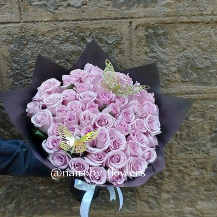 PURPLE ROSES BOUQUET & BUTTERFLY DECOR