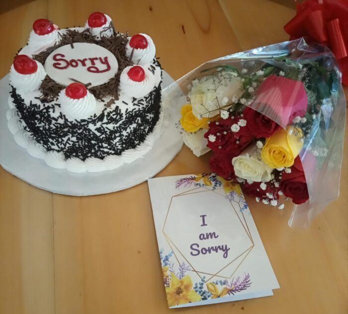 APOLOGY CAKE & TEN MIXED ROSES WITH A CARD