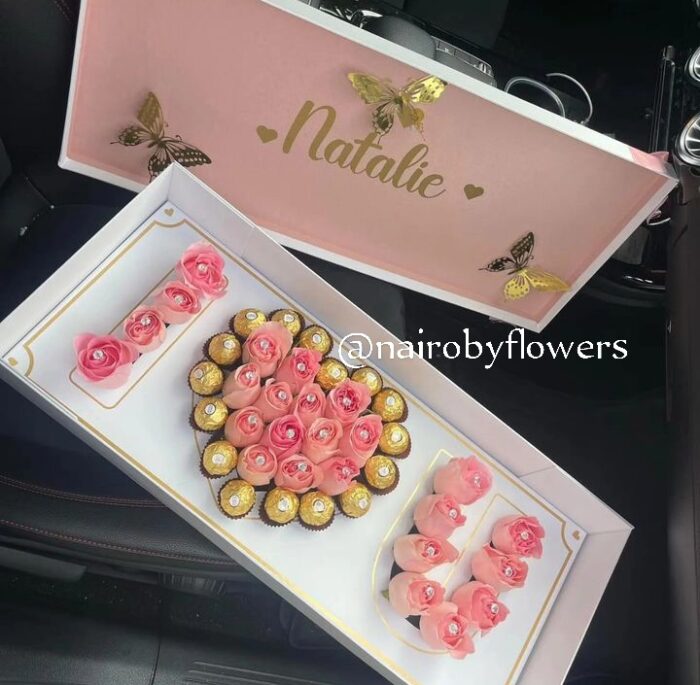CUSTOMIZED SQUARE BOX WITH PINK ROSES,DIAMONDS DECOR & FERRERO CHOCOLATES