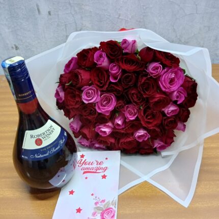 RED ROBERTSON WINE & MIXED ROSES BOUQUET