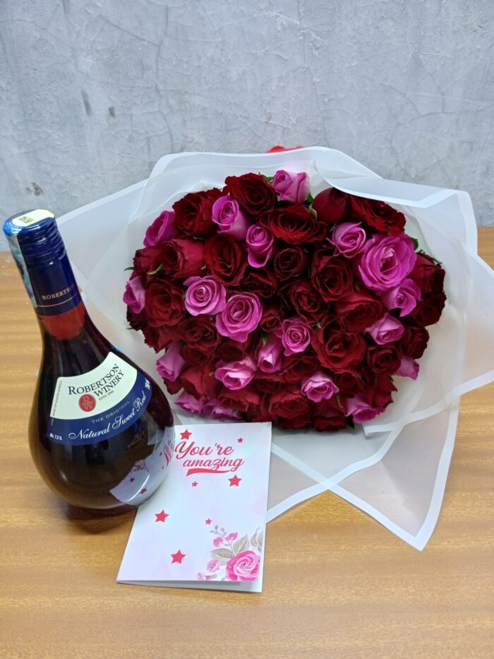 RED ROBERTSON WINE & MIXED ROSES BOUQUET