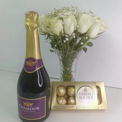 NON-ALCOHOLIC RED WINE, FERRERO CHOCOLATES &  FLOWERS VASE