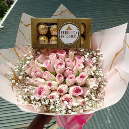 PINK BOUQUET WITH BABY BREATH RIM & 8 FERRERO CHOCOLATES