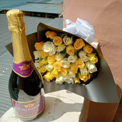 NON-ALCOHOLIC WINE & YELLOW AND WHITE ROSES BOUQUET