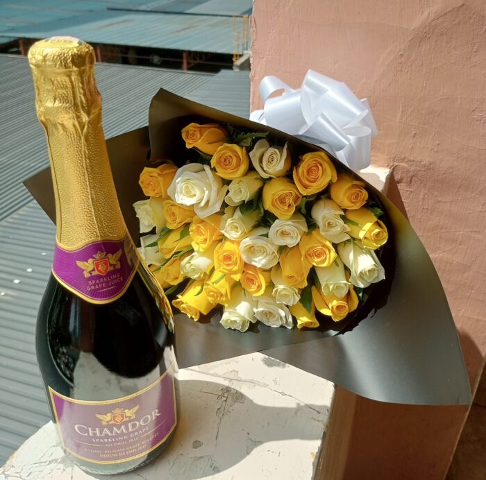 NON-ALCOHOLIC WINE & YELLOW AND WHITE ROSES BOUQUET