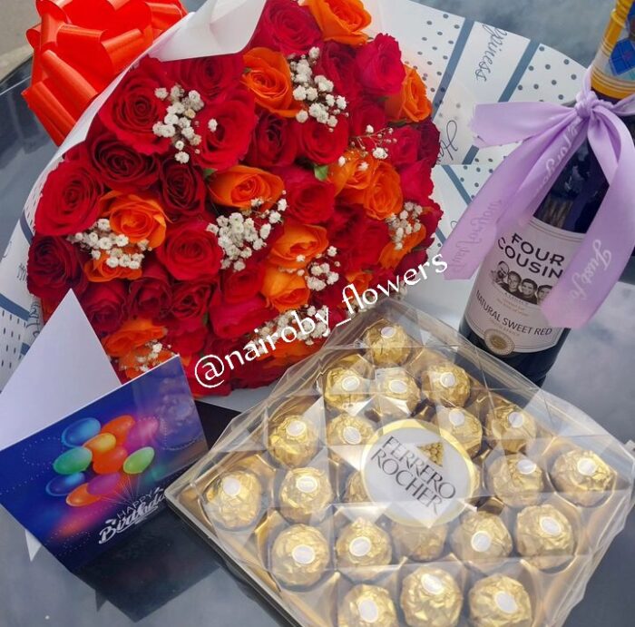 24 FERRERO ROCHER CHOCOLATES, FOUR COUSINS WINE & 40 MIXED ROSES BOUQUET