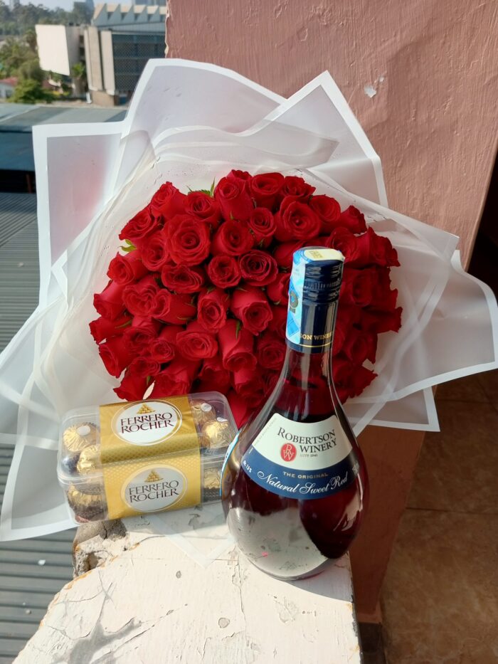 60 RED ROSES, ROBERTSON WINE & 16 FERRERO CHOCOLATES