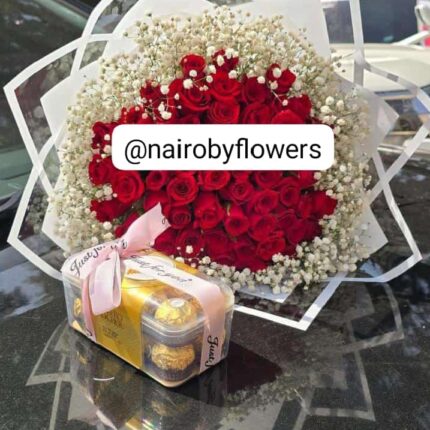16 FERRERO CHOCOLATES & 60 ROSES WITH BABY BREATH RIM