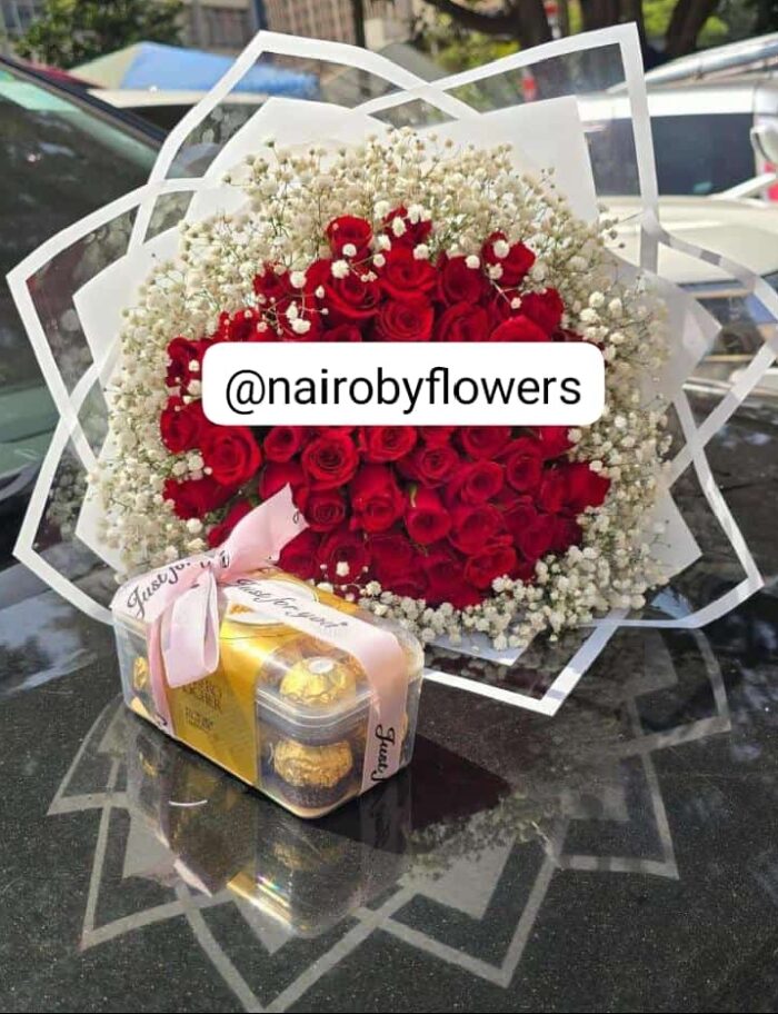 16 FERRERO CHOCOLATES & 60 ROSES WITH BABY BREATH RIM