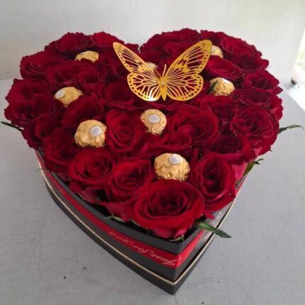 RED ROSES HEART BOX & FERRERO CHOCOLATES