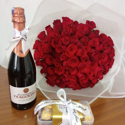 FRAGOLINO DUCHESALIA WINE,60 RED ROSES & FERRERO ROCHER CHOCOLATES