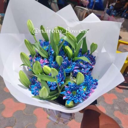 LILIES & BLUE CHRYSANTHEMUMS