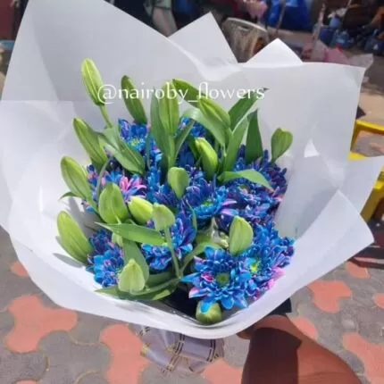 LILIES & BLUE CHRYSANTHEMUMS