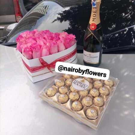 MOET CHAMPAGNE,24 FERRERO CHOCOLATES & PINK ROSES HEART BOX