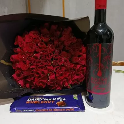 100 RED ROSES,CHERRY NOBILE WINE & CHOCOLATE