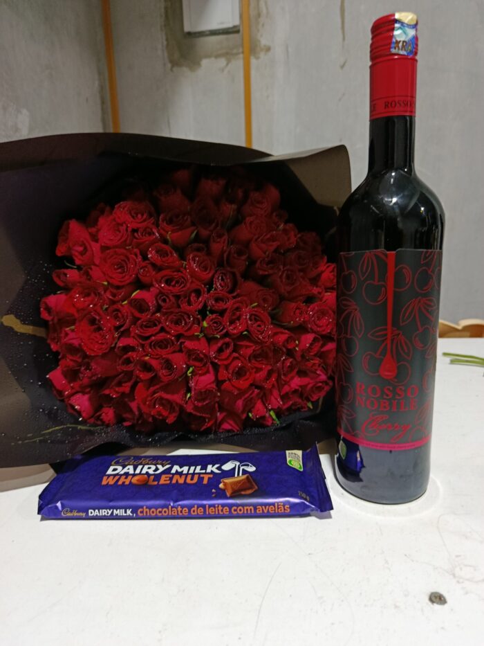100 RED ROSES,CHERRY NOBILE WINE & CHOCOLATE
