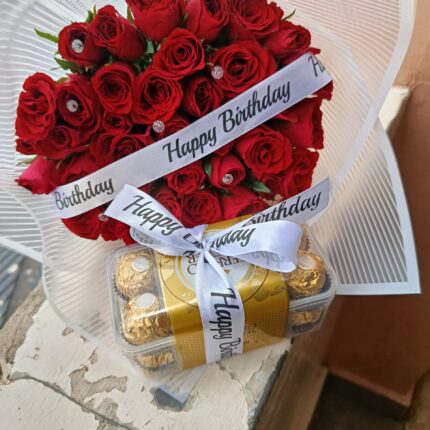 CUSTOMISED RED ROSES BOUQUET & 16 FERRERO CHOCOLATES