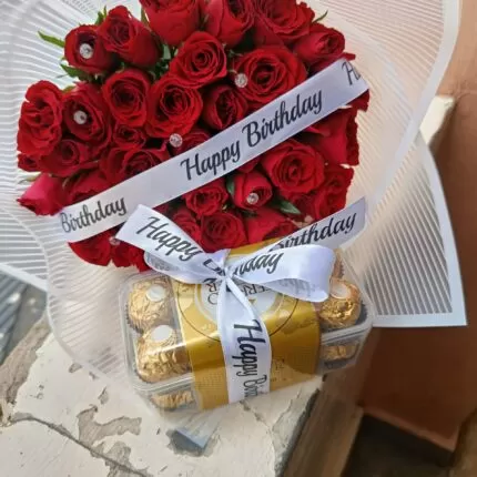 CUSTOMISED RED ROSES BOUQUET & 16 FERRERO CHOCOLATES