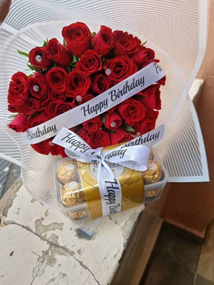 CUSTOMISED RED ROSES BOUQUET & 16 FERRERO CHOCOLATES
