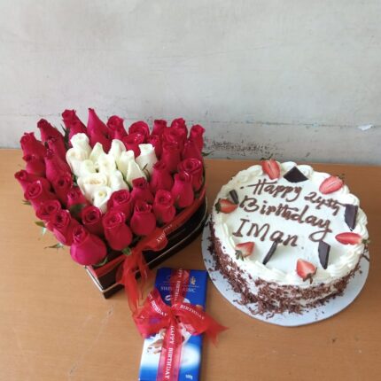 HEART BOX ROSES,CAKE & CHOCOLATE