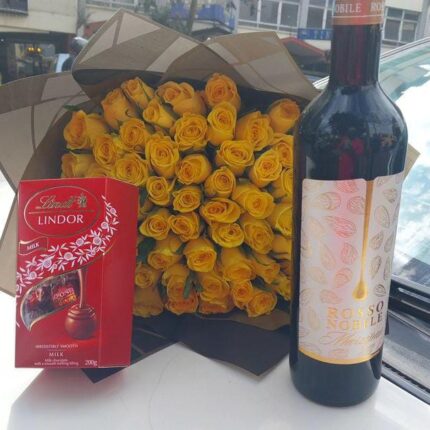 LINDT CHOCOLATE,ROSSO NOBILE WINE & YELLOW ROSES