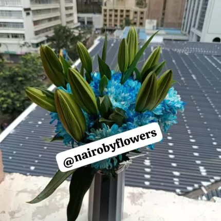 BLUE CHRYSANTHEMUMS & LILIES VASE