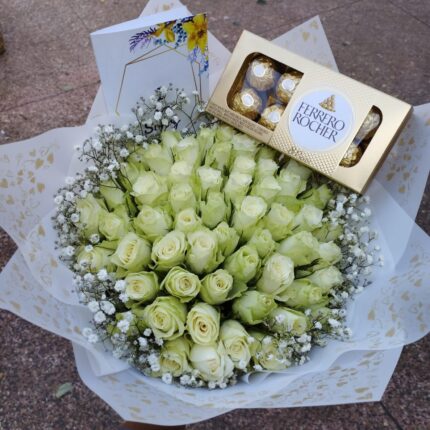 60 WHITE ROSES & FERRERO CHOCOLATES COMBO