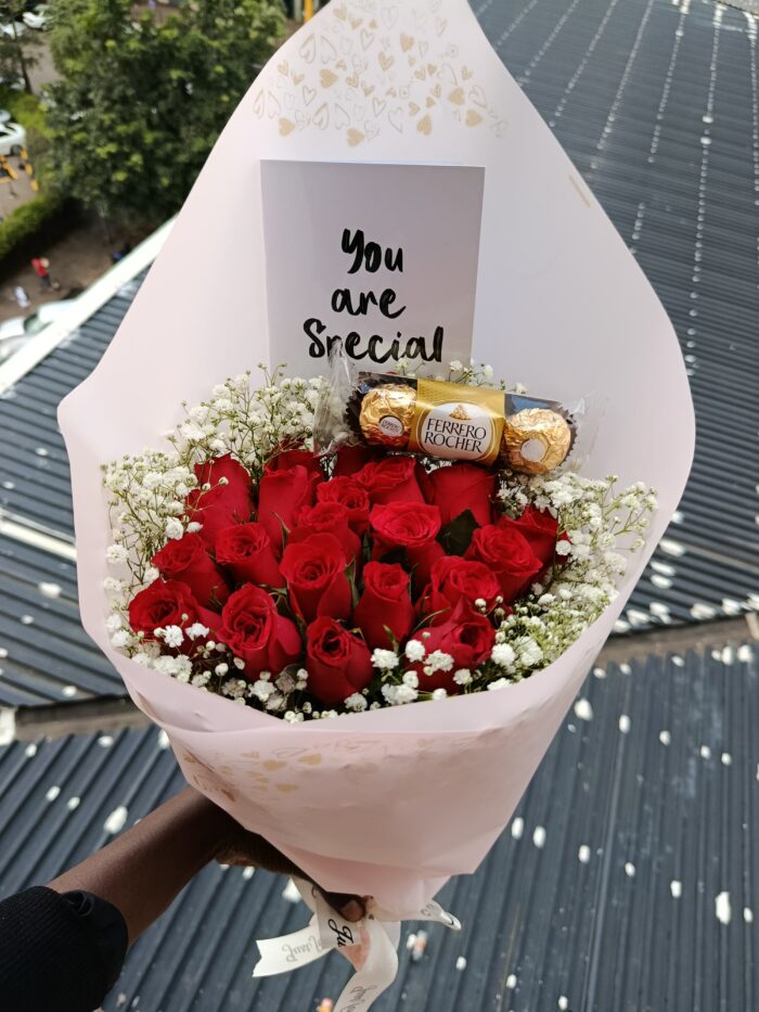 3 PIECES FERRERO CHOCOLATES & RED ROSES