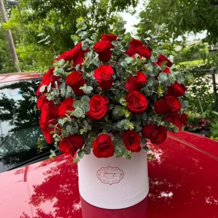 EUCALYPTUS & RED ROSES CLASSY LARGE BOX
