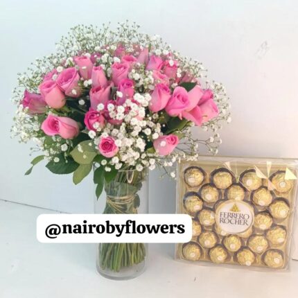 24 FERRERO CHOCOLATES & PINK ROSES VASE
