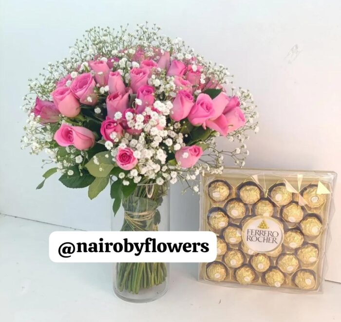 24 FERRERO CHOCOLATES & PINK ROSES VASE