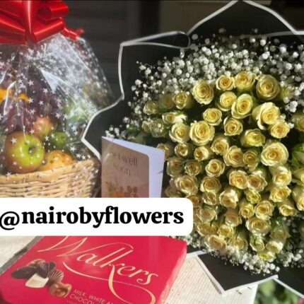 FRUIT BASKET,WALKERS CHOCOLATE & BOUQUET