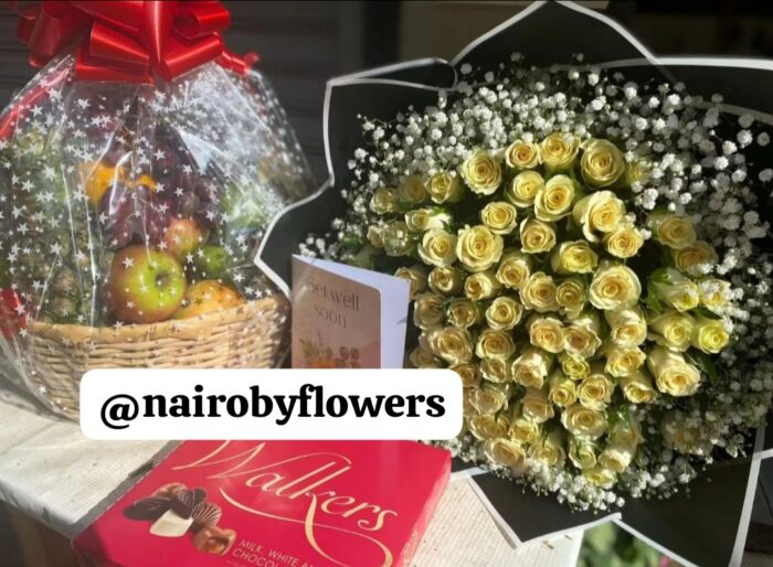 FRUIT BASKET,WALKERS CHOCOLATE & BOUQUET