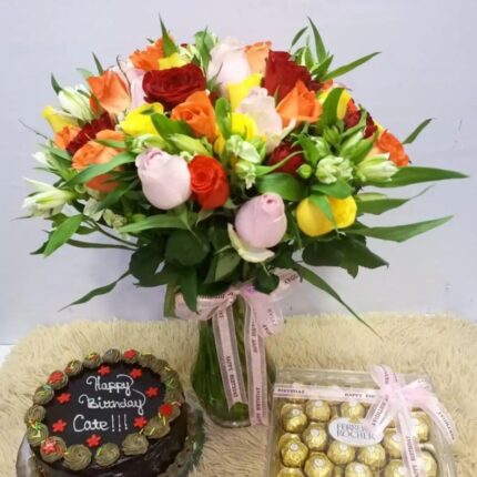 VASE FLOWERS,1KG CAKE & 24 FERRERO CHOCOLATES