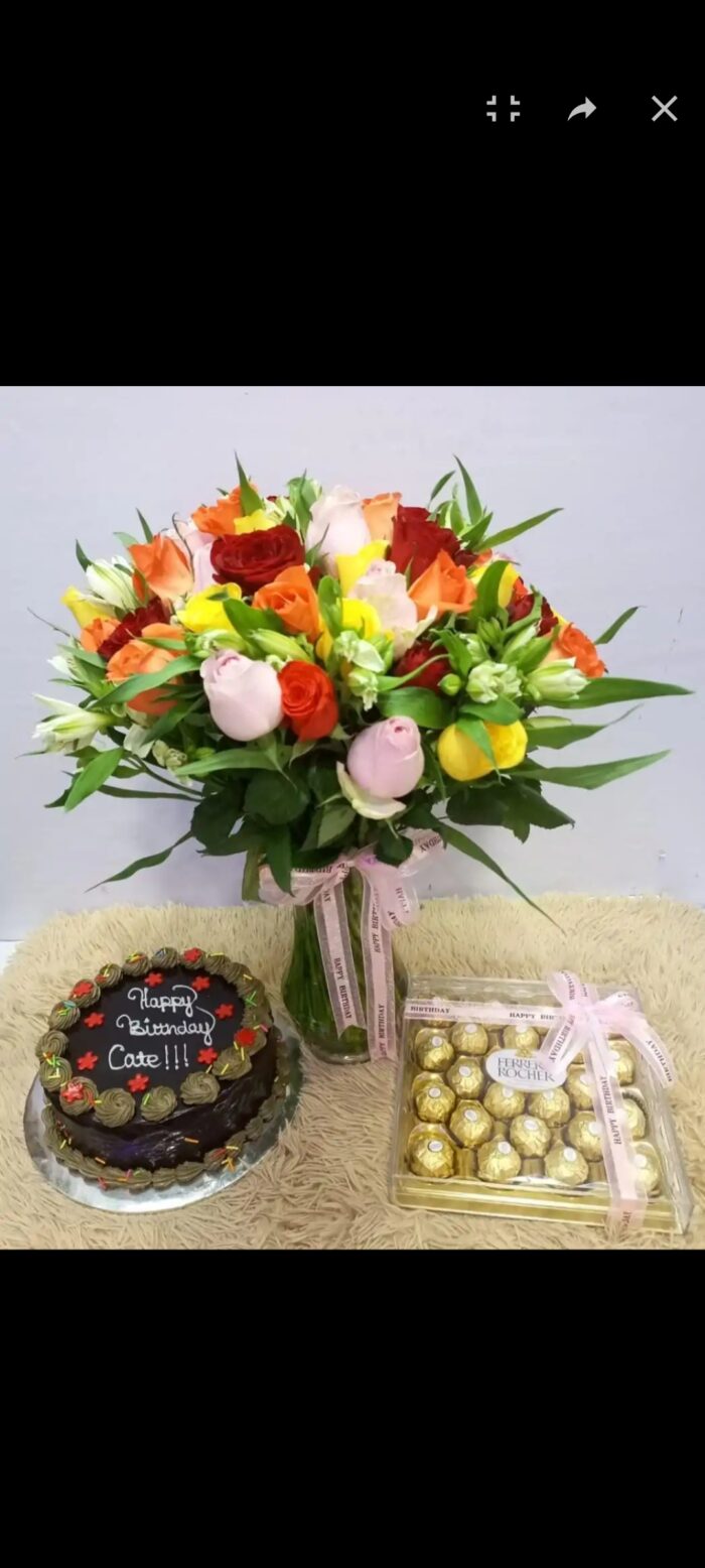 VASE FLOWERS,1KG CAKE & 24 FERRERO CHOCOLATES