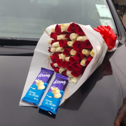 2 WHITE CHOCOLATES & 40 ROSES