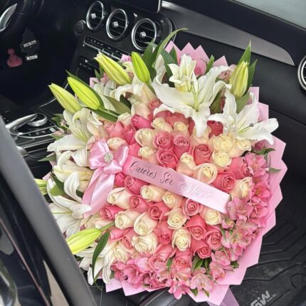 MEGA LILIES,ROSES & CUSTOMISED RIBBON BOUQUET