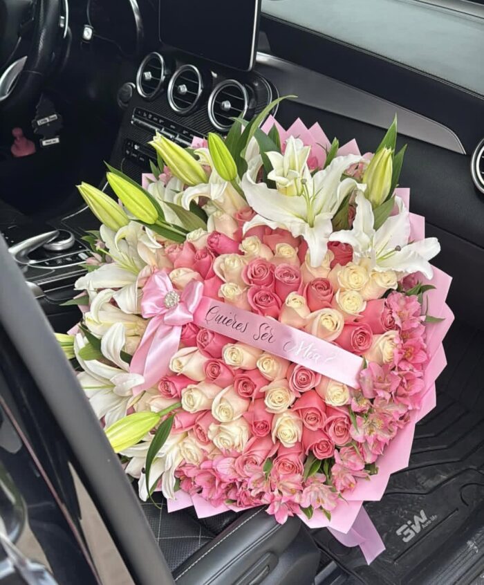 MEGA LILIES,ROSES & CUSTOMISED RIBBON BOUQUET