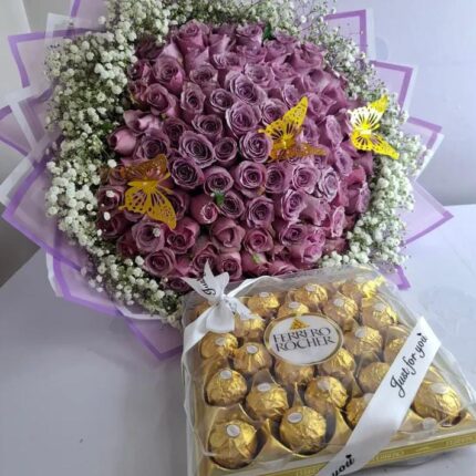 PURPLE ROSES & 24 FERRERO CHOCOLATES